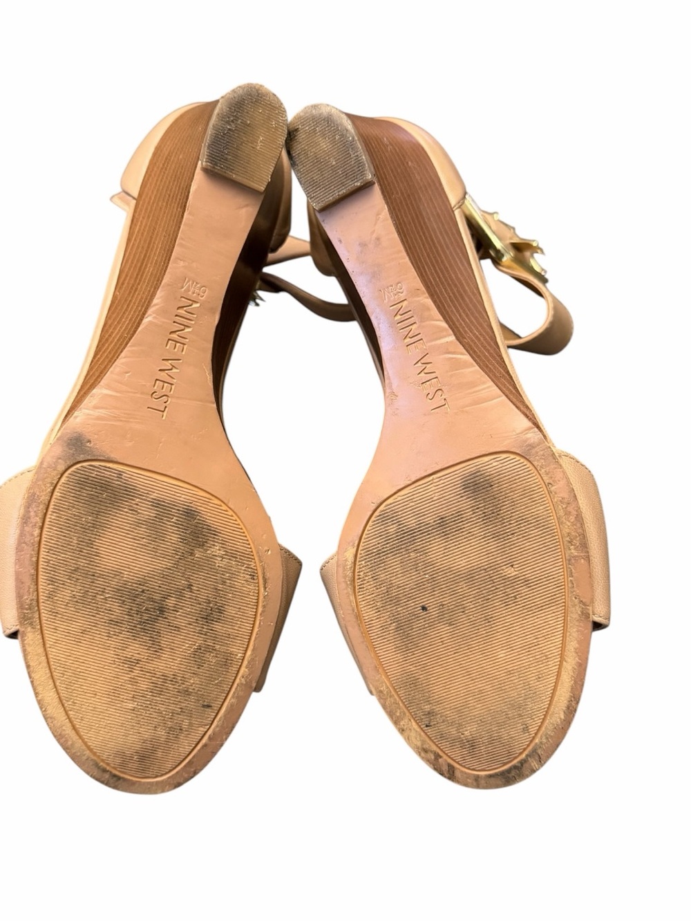 Nine West Beige Leather Ankle-Strap Wedge Sandals Size 6.5 - Picture 4 of 11